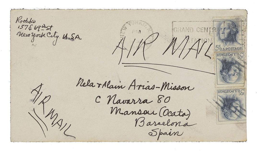 Cream envelope with cursive and print script in black ink, postmarked from Grand Central Station, New York City, and three canceled blue five cent stamps with a bust of George Washington, two of which are upside down.