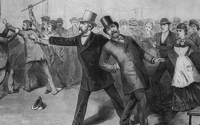 Artist rendition of Charles Guiteau's attack on President Garfield