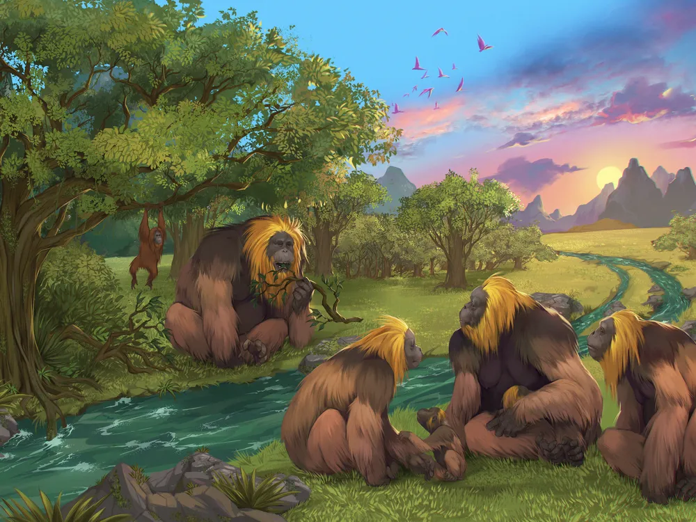 an illustration of large, orangutan-like apes near a river beside a forest