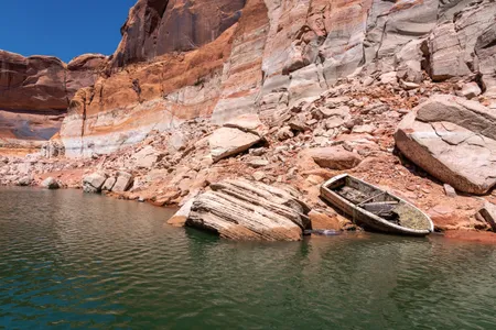 The current drought reveals lost items from earlier, wetter times, like this sunken boat near Iceberg Canyon.