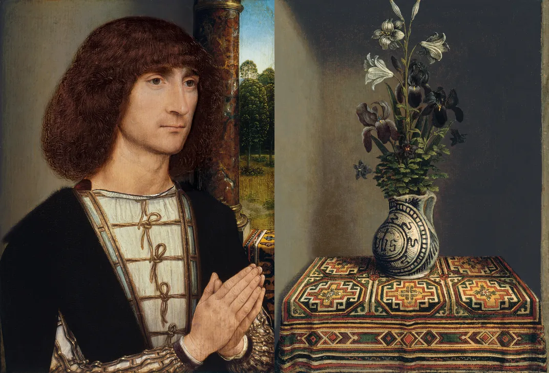 Portrait of a Man (left) and Still Life With a Jug of Flowers ​​​​​​​(right) by Hans Memling, circa 1485