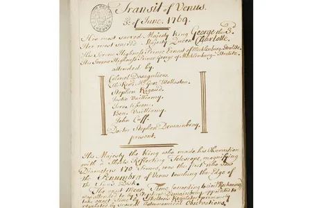 The manuscript notebook is comprised of astronomical observations with tables of viewing data, describing transit witnessed by King George III and others, 3 June 1769, with notes signed by Stephen Demainbray, astronomer.