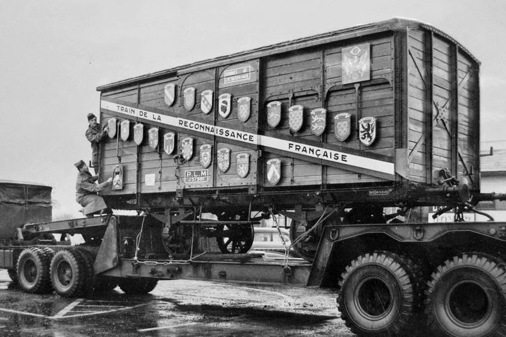Black and white photo of old train car