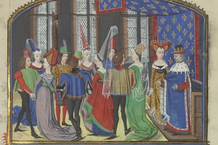 This 15th-century illuminated manuscript depicts a courtly gathering attended by a host of young men wearing the pointed shoes fashionable at the time.