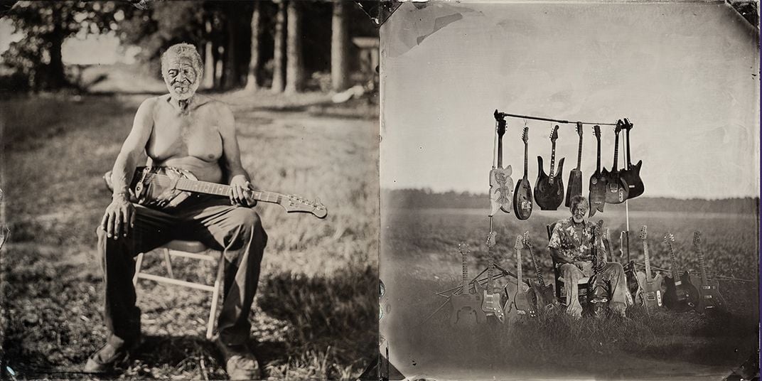 two photos of Vines sitting with guitars