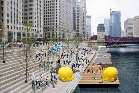 A rendering of how a performance on the Floating Museum's moving exhibit "River Assembly"