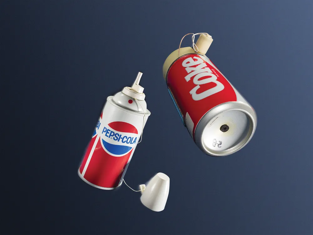 Two aluminum cans are photographed against a dark background. One can has a red, white, and blue logo and a white plastic cap. The other can has a red and white logo.