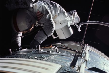 Ron Evans floats outside the Apollo 17 spacecraft on his way back from the Moon in 1972.