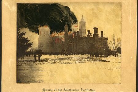 The Smithsonian Castle Building, in a colorized photograph taken by Alexander Gardner, was severely damaged in a January 1865 fire. 
