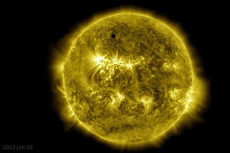 Venus transited the face of the sun on June 5-6, 2012, captured here in a still of a timelapse from NASA's Space Dynamics Observatory. 