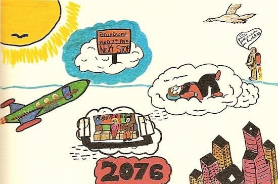 Eduardo del Villas imagines the world of 2076 with jetpacks.
