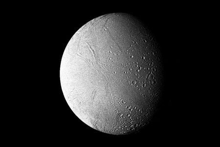 Saturn&#39;s moon Enceladus, represented in a composite of several images taken by NASA&#39;s Voyager 2 probe