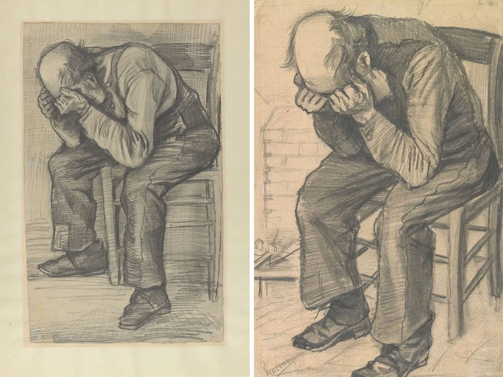 The newly authenticated sketch (left) and the final drawing, titled Worn Out (right)