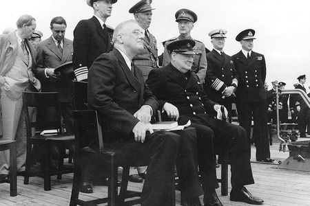 Winston Churchill and FDR aboard the HMS 'Prince of Wales,' Churchill's ship, when the Atlantic Charter was released.