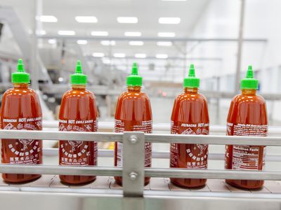 Sriracha bottles on the line at Huy Fong Foods' Irwindale factory.
