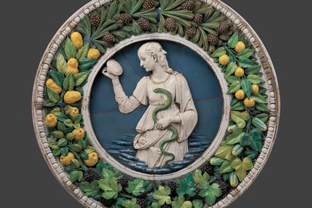 "Prudence" (before conservation)
Andrea della Robbia (Italian (Florentine), 1435–1525)
Ca. 1475
Glazed terracotta
Lent by the Metropolitan Museum of Art, Purchase, Joseph Pulitzer Bequest, 1921