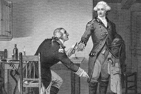 Benedict Arnold, shown on the left concealing his plans in John André's boot, has become synonymous with treason but before he betrayed America, he saved it.
