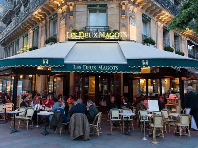 The famous Les Deux Magots situated in the Saint-Germain-des-Prés area of Paris, France
