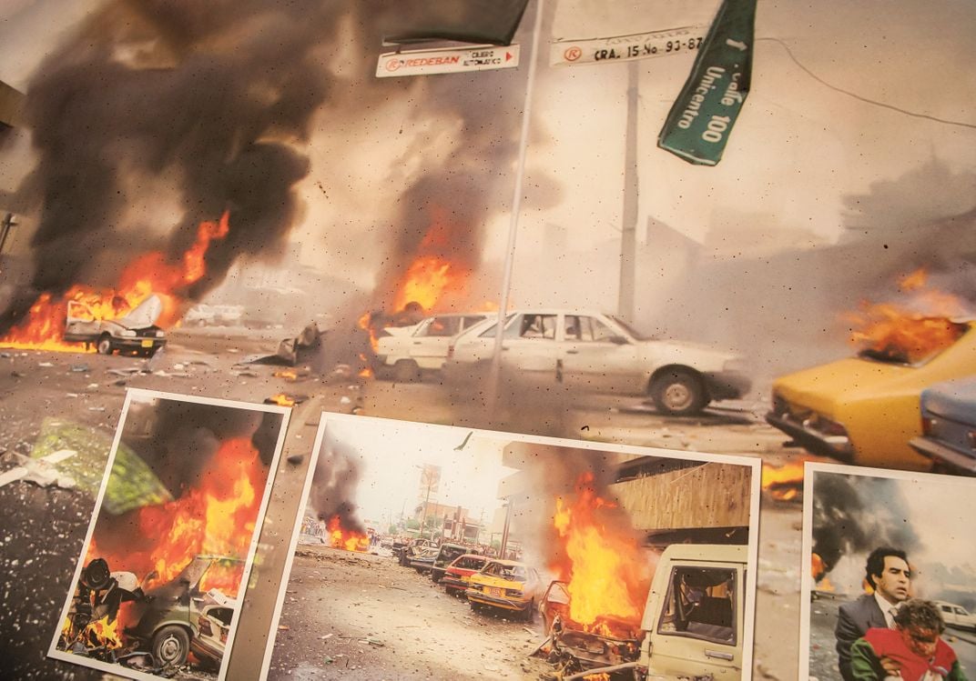 an exhibition at Hacienda Nápoles, Escobar’s former estate, now a memorial museum to his victims, shows the aftermath of a car bombing in Bogotá in the 1980s;