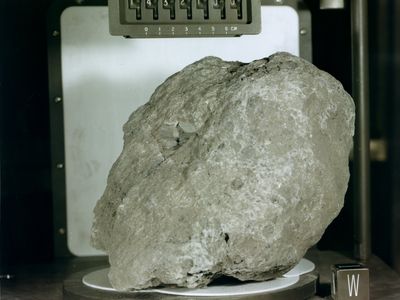 The 20-pound lunar sample designated 14321, also known as "Big Bertha," was the third-largest rock returned from the Moon. Astronauts Alan Shepard and Ed Mitchell found it near the rim of Cone Crater during their second Apollo 14 Moonwalk.