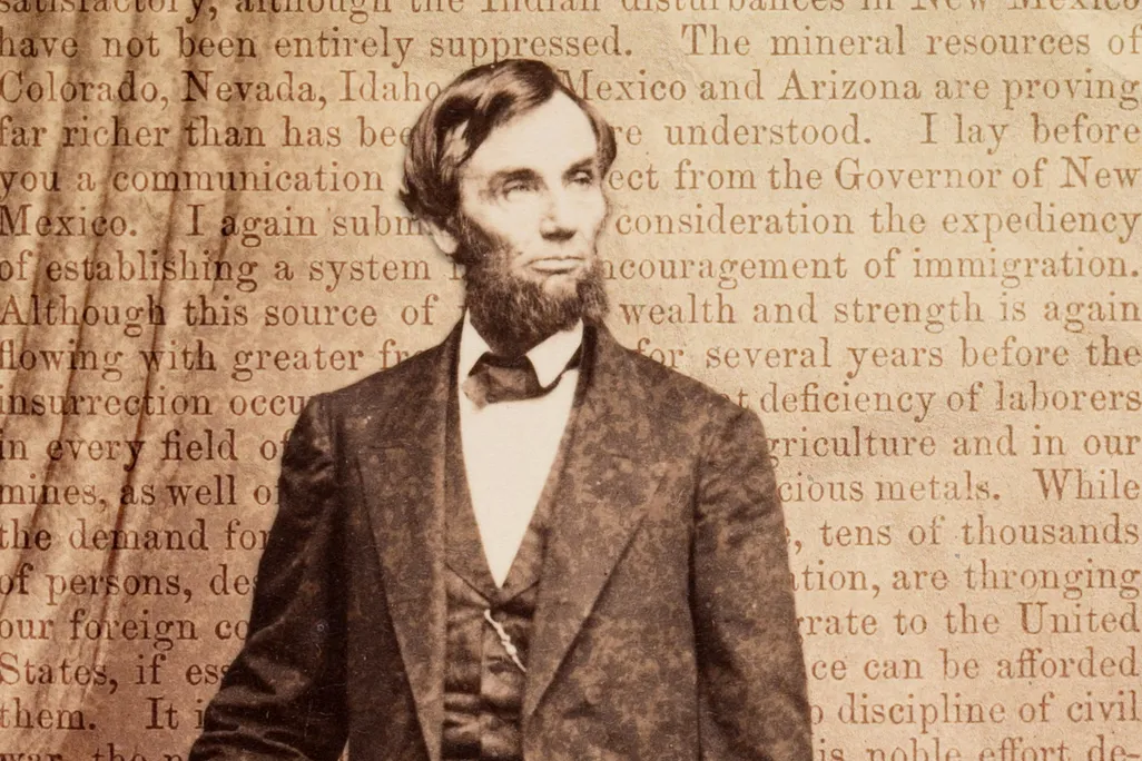 An 1863 photo of Abraham Lincoln, overlaid atop the text of his third annual message to Congress