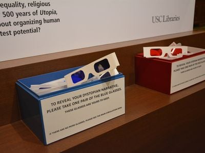 Decoder glasses help visitors view both utopian and dystopian angles to the exhibition