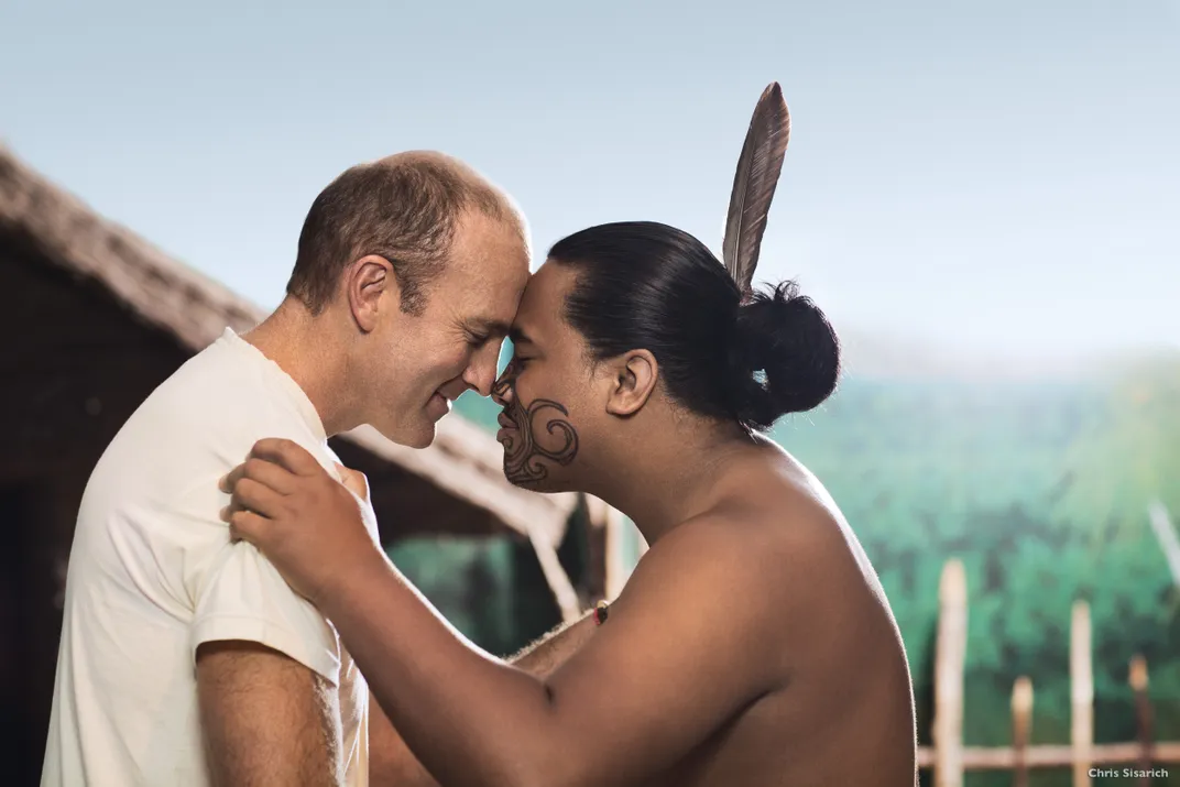 Traditional Maori greeting, or <i>Hongi</i>. Credit: Chris SisarichTourism New Zealand
