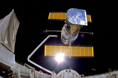 IMAX Cargo Bay Camera view of the Hubble Space Telescope at the moment of release, mission STS-31