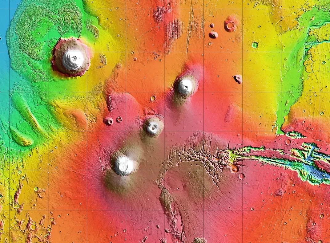 topographic map of Mars showing the Tharsis Montes