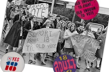 A march in support of the Vote 18 movement in Seattle in 1969 and buttons advocating for youth enfranchisement in the Smithsonian's collections.