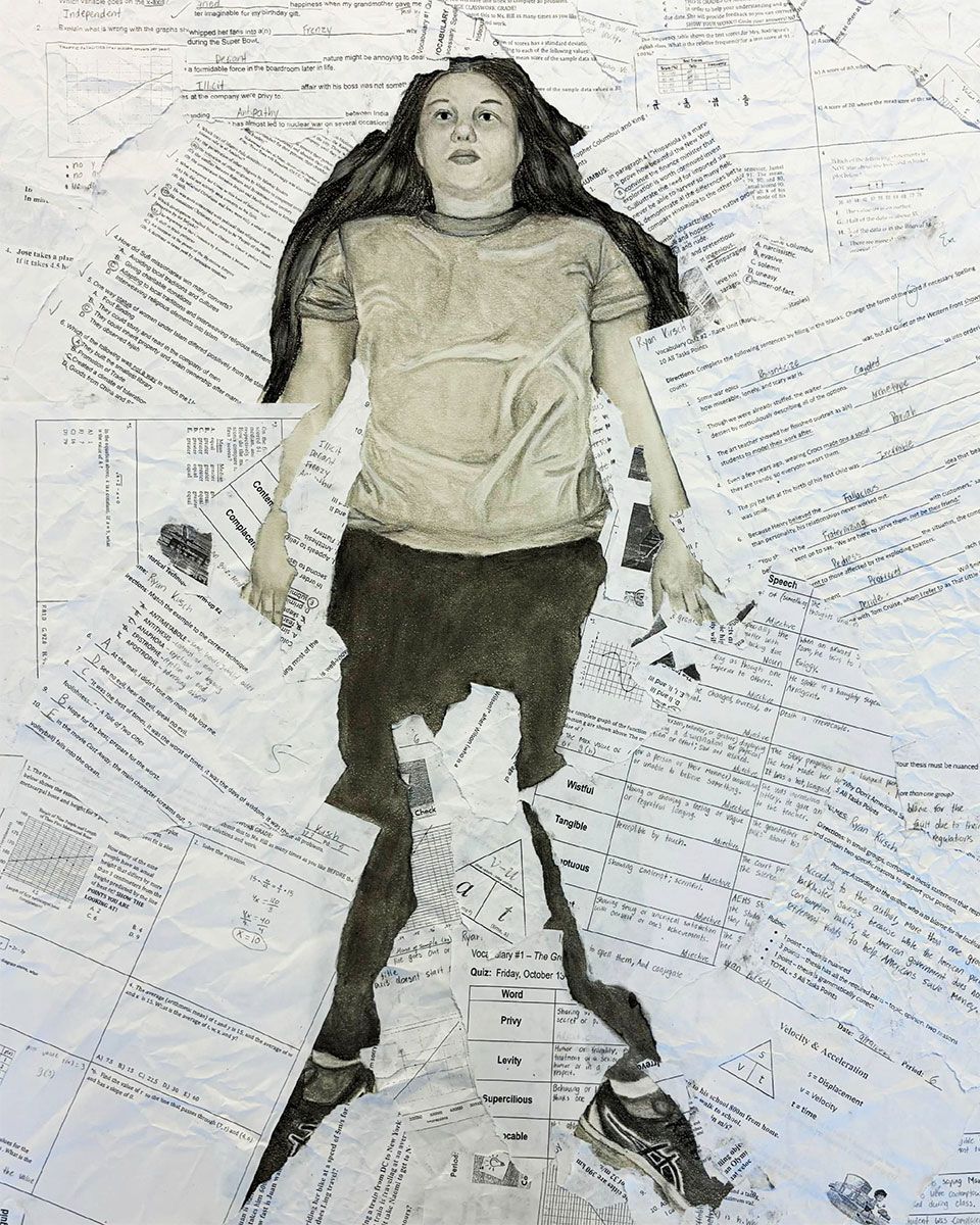 Collage and pencil artowkr of a teenager laying prone, surrounded and partially covered by paperwork.