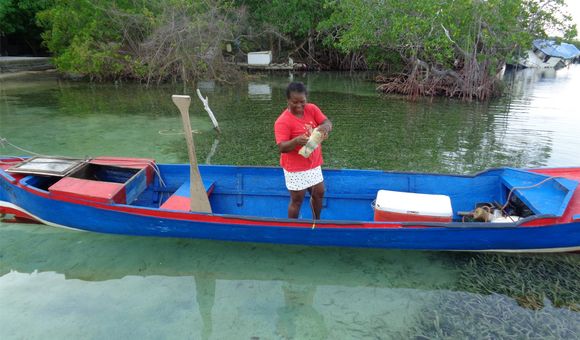 A woman in a red shirt stands on a wooden blue canoe beside a mangrove shoreline, unwinding a fishing net.