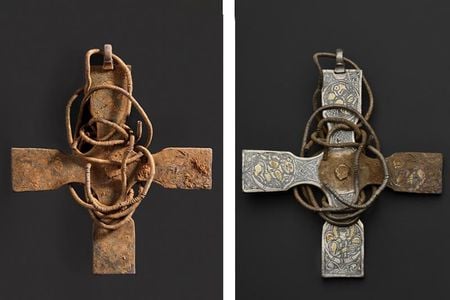 This rare Anglo Saxon cross spent more than 1,000 years buried in a Scottish field. Left: the cross pre-conservation, and right: the cross mid-cleaning