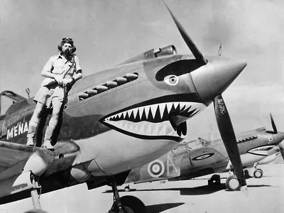 flight Lieutenant Neville Bowker and plane with shark art