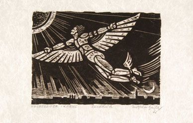 "Wegbereiter Ikarus," print, woodblock on paper, by Wilhelm Geissler, 1966.