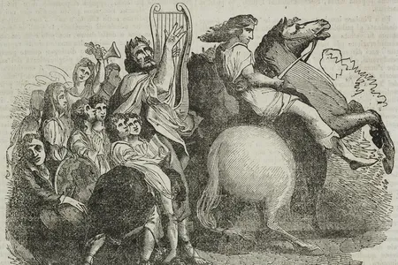 An&nbsp;1838 illustration of Pindar, the lyric poet from ancient Greece, reciting one of the Olympian odes