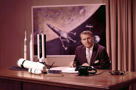 Wernher von Braun at his desk at the NASA Marshall Space Flight Center, where he was director throughout the 1960s.