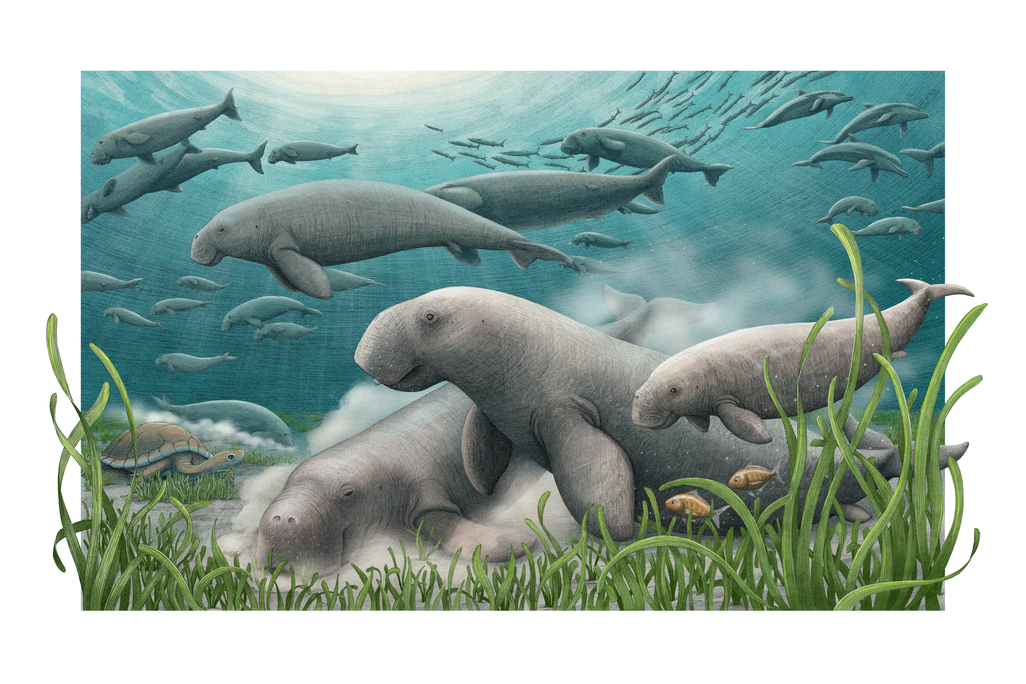An illustration of sea cows underwater