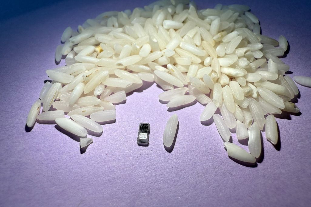 the tiny pacemaker device next to a grain of rice, with a small pile of rice behind it
