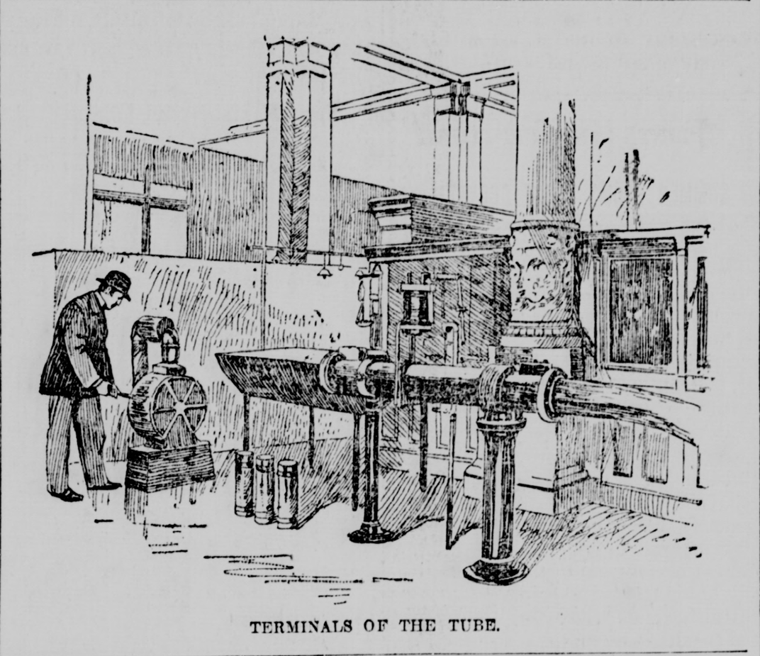 An 1897 illustration of the pneumatic tube system's terminals
