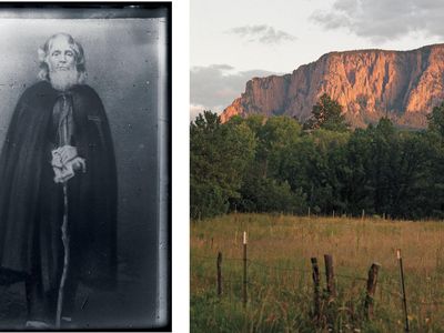 Left, Giovanni Maria de Agostini, a peripatetic Italian monk who was banished from Brazil, reached northern New Mexico on foot in 1863. He holed up on a mountain that would become known as Hermit Peak, today the object of an annual pilgrimage. Right, view of Hermit Peak.