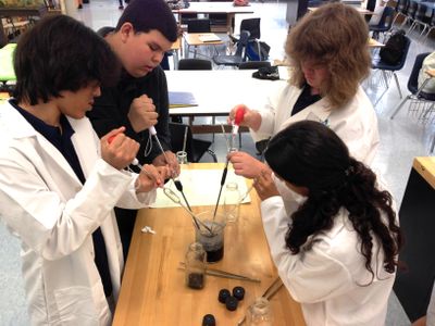 BioTech students prepare a solution for orchids.