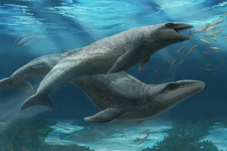 An illustration of a mother and calf&nbsp;Janjucetus dullardi,&nbsp;a newly discovered tiny whale species with a sharp bite