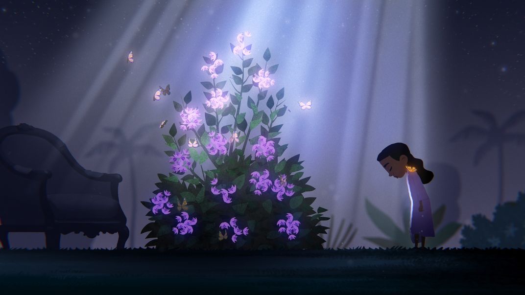 Animated film still of a young girl in a purple dress bowing before a bush with purple flowers illuminated.
