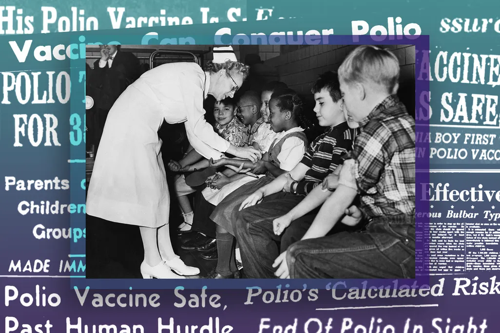 Nurse giving children polio shots in front of collage of headlines about the vaccine