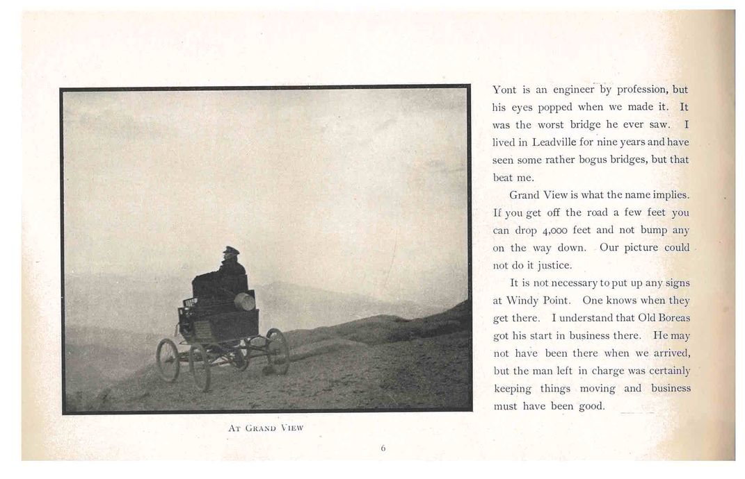 Trade catalog with photo of man in locomobile looking out over moutains.