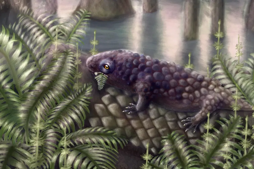 a lizard-like creature eats plants in a swamp-looking environment