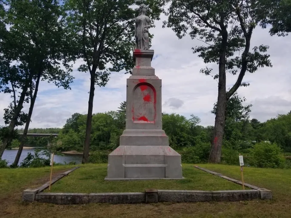 Hannah Duston statue with red paint