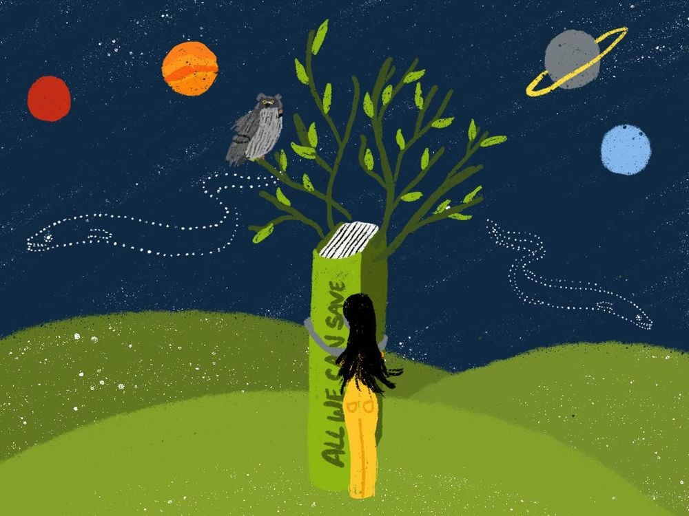 An illustration of hillside with a tree in the middle against the backdrop of the night sky. The tree's trunk is the spine of a book titles "All We Can Save." An owl sits in the tree's branches. Planets dot the night sky with two eel-shaped constellations