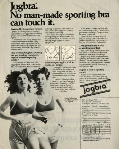 Two light-skinned women running and text: Jogbra. No man-made sporting bra can touch it.